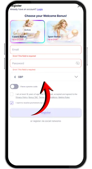 Registration form fields for email, secure login details and GBP currency selection