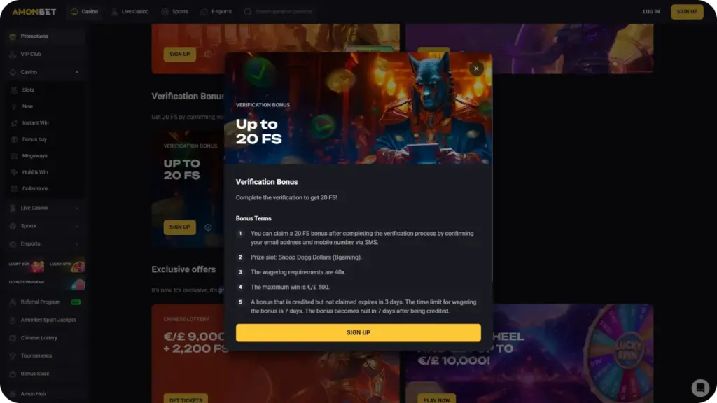 AmonBet verification bonus pop-up showing up to 20 free spins and bonus terms including email and SMS verification