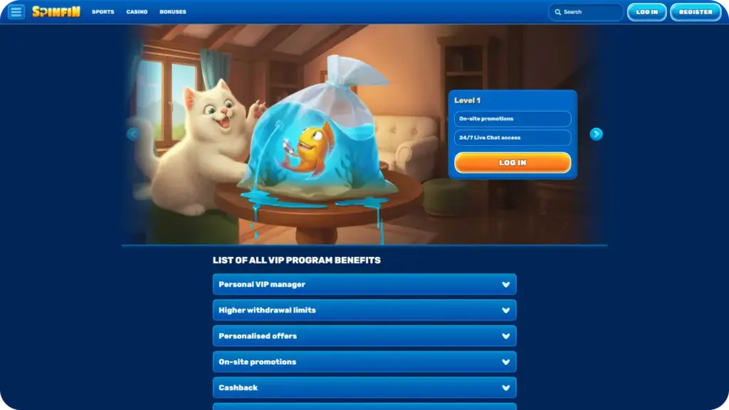 SpinFin Casino VIP programme page showing loyalty tiers, rewards, and member benefits