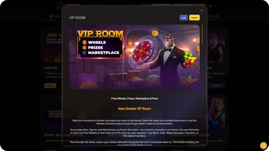 Donbet VIP Mafia Room loyalty program showing cashback rates, rakeback percentages, free spins, and level progression benefits