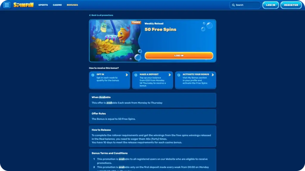 SpinFin Casino weekly free spins promotion terms showing wagering requirements, validity period, and maximum withdrawal limits for UK players
