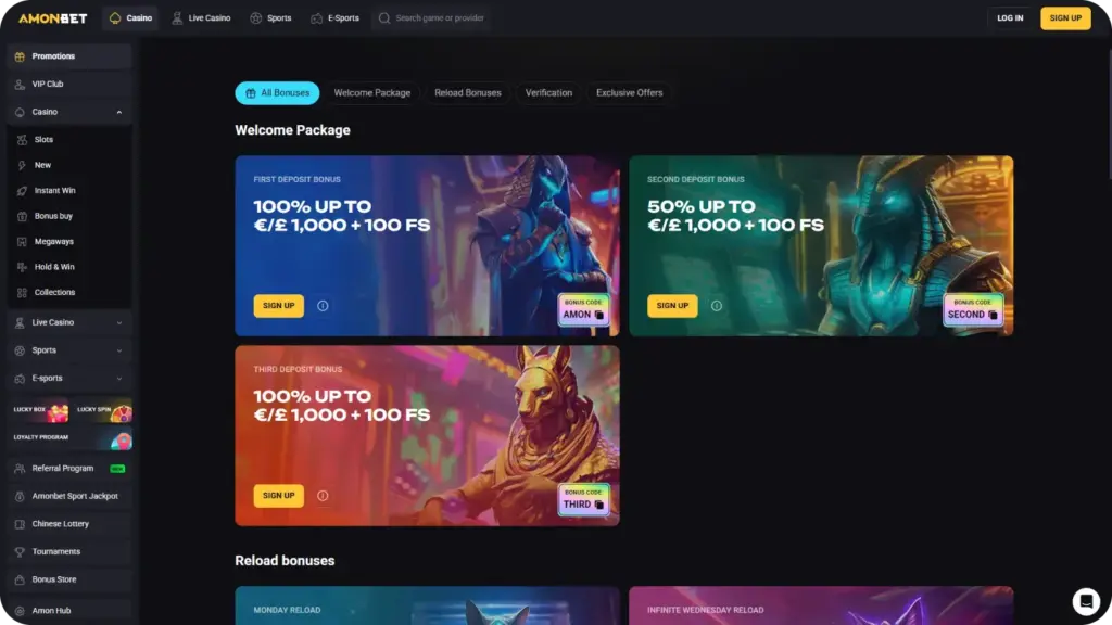 AmonBet bonus page showing first, second, and third deposit bonus cards with AMON, SECOND, and THIRD promo codes and bonus terms list