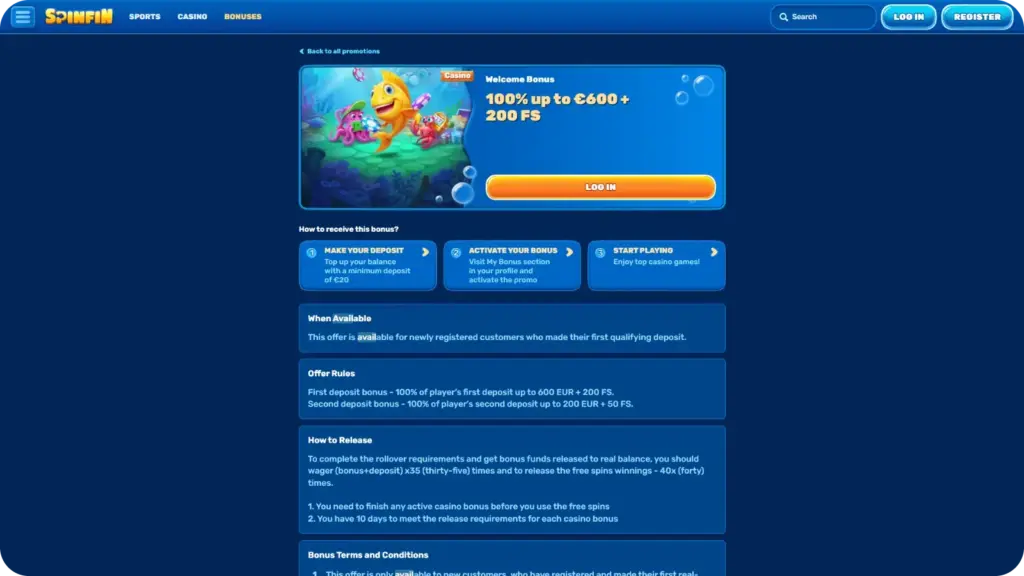 SpinFin Casino welcome bonus terms showing wagering requirements, free spins distribution, and withdrawal limits for UK players