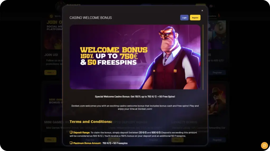 Donbet Casino welcome bonus terms showing 150 percent bonus up to 750 pounds, wagering requirements, and free spins conditions