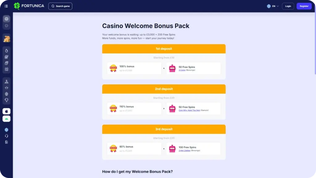 Fortunica 3-step welcome bonus up to €3,000 and 200 free spins with x40 wagering requirement.