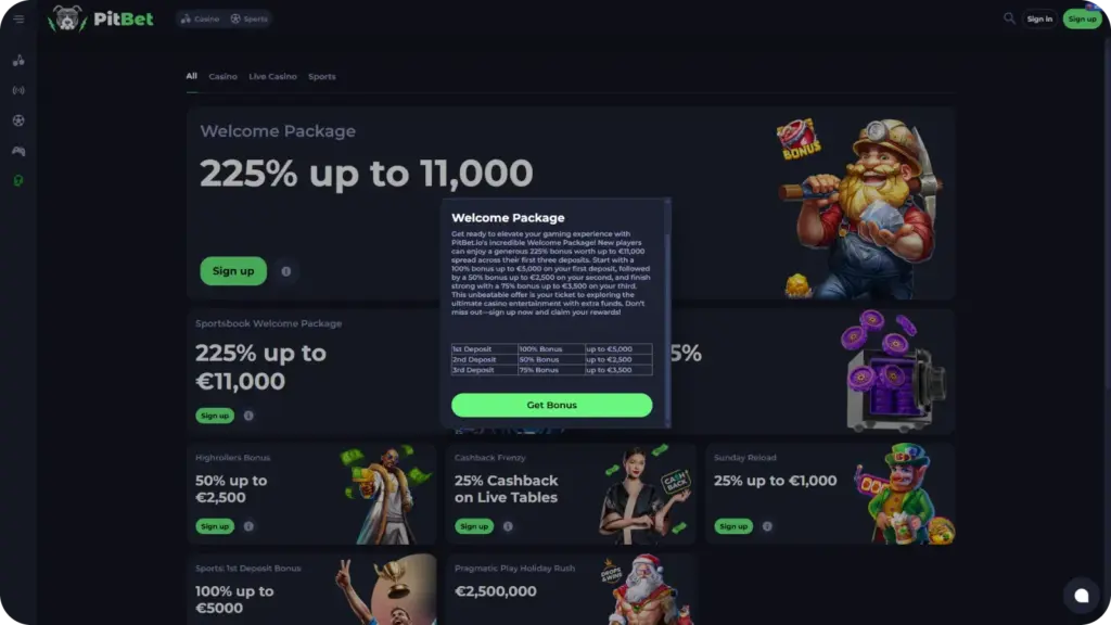 PitBet Casino welcome package with three-deposit bonus structure for UK players