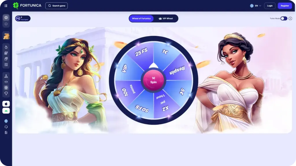 Fortunica bonus wheel with cash and free spins prizes.