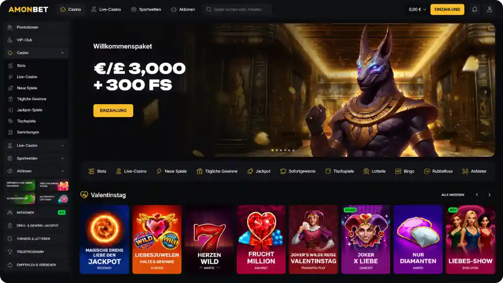 Amonbet Casinooberfläche mit Lobby und Zahlungsmethoden für deutsche Spieler