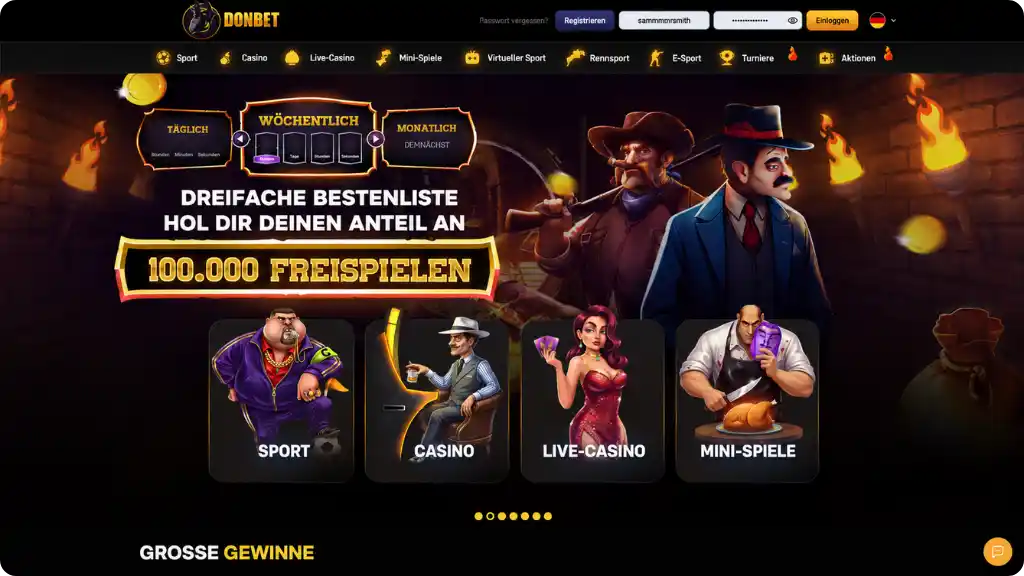 Donbet Dashboard mit Spielelobby und Auszahlungsbereich für deutsche Spieler