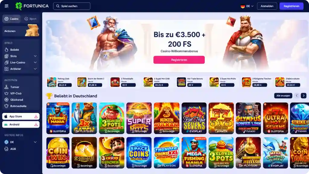 Fortunica Casinolobby mit Slot-Kategorien und Kassenbereich für deutsche Spieler
