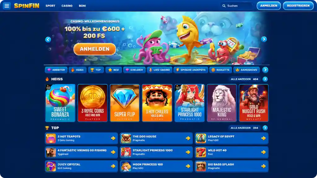 Spinfin Casinooberfläche mit Spielen und Bonusbereich für deutsche Spieler