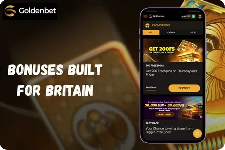 Goldenbet bonuses page with welcome match and promotions for UK players