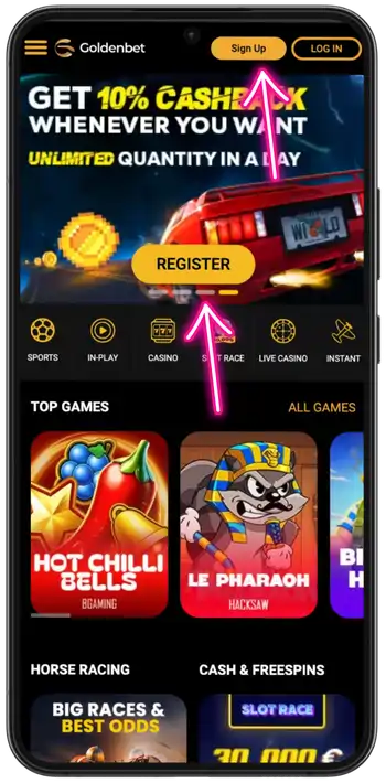 Goldenbet casino homepage with the Sign Up button in the top right corner