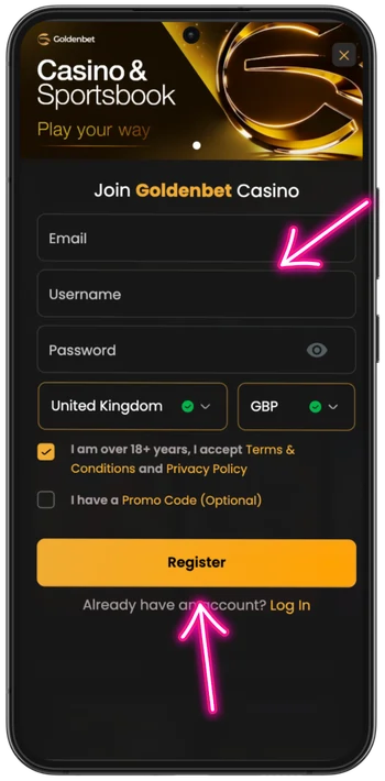 Goldenbet registration form with email, username, country and GBP currency fields for UK players