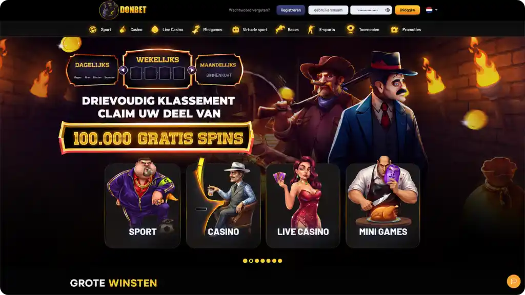 Donbet dashboard met spellobby en opnamesectie voor Nederlandse spelers