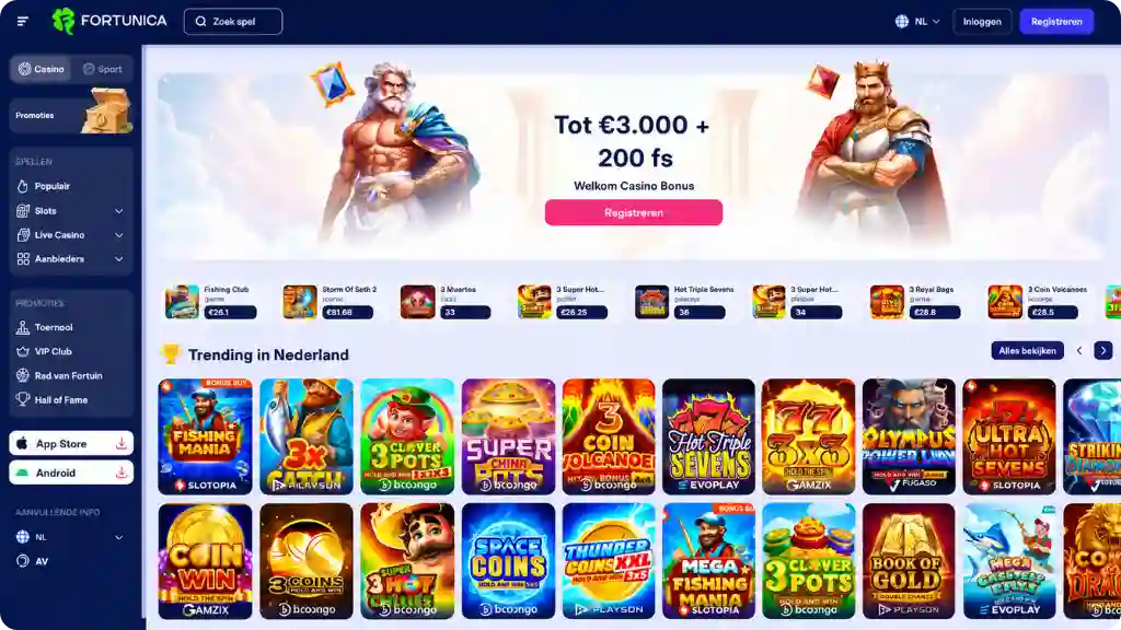 Fortunica lobby met slotcategorieën en kassa voor Nederlandse spelers
