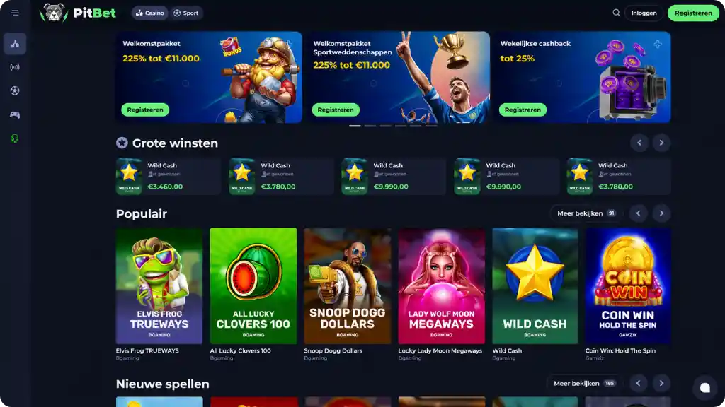 PitBet platform met casinolobby en sportmarkten voor Nederlandse spelers