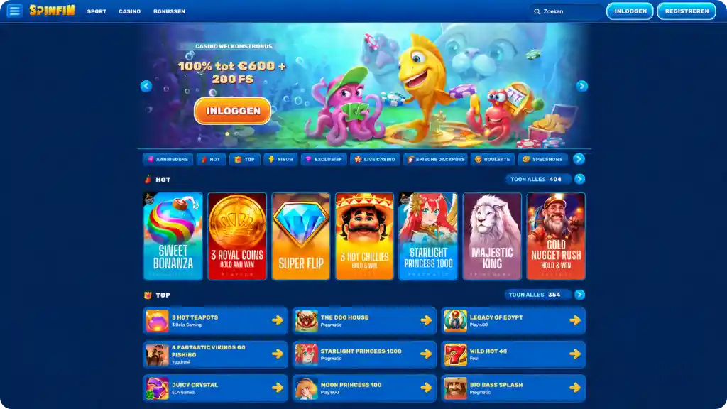 Spinfin casino met spellen en bonussectie voor Nederlandse spelers