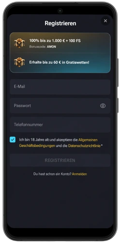 Registrierungsformular eines Online Casinos mit EMail und Passwortfeldern