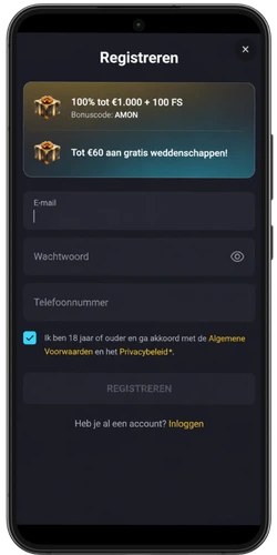 Registratieformulier van een online casino met velden voor email en wachtwoord